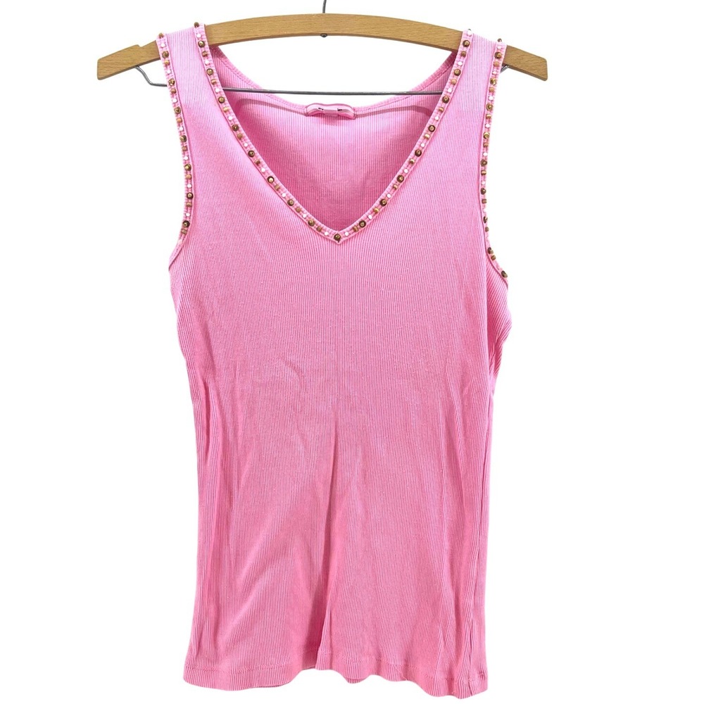 Y2K Pink Ribbed Tank Top Beaded McBling Coquette Fitted Baby Tee L Paris Hilton